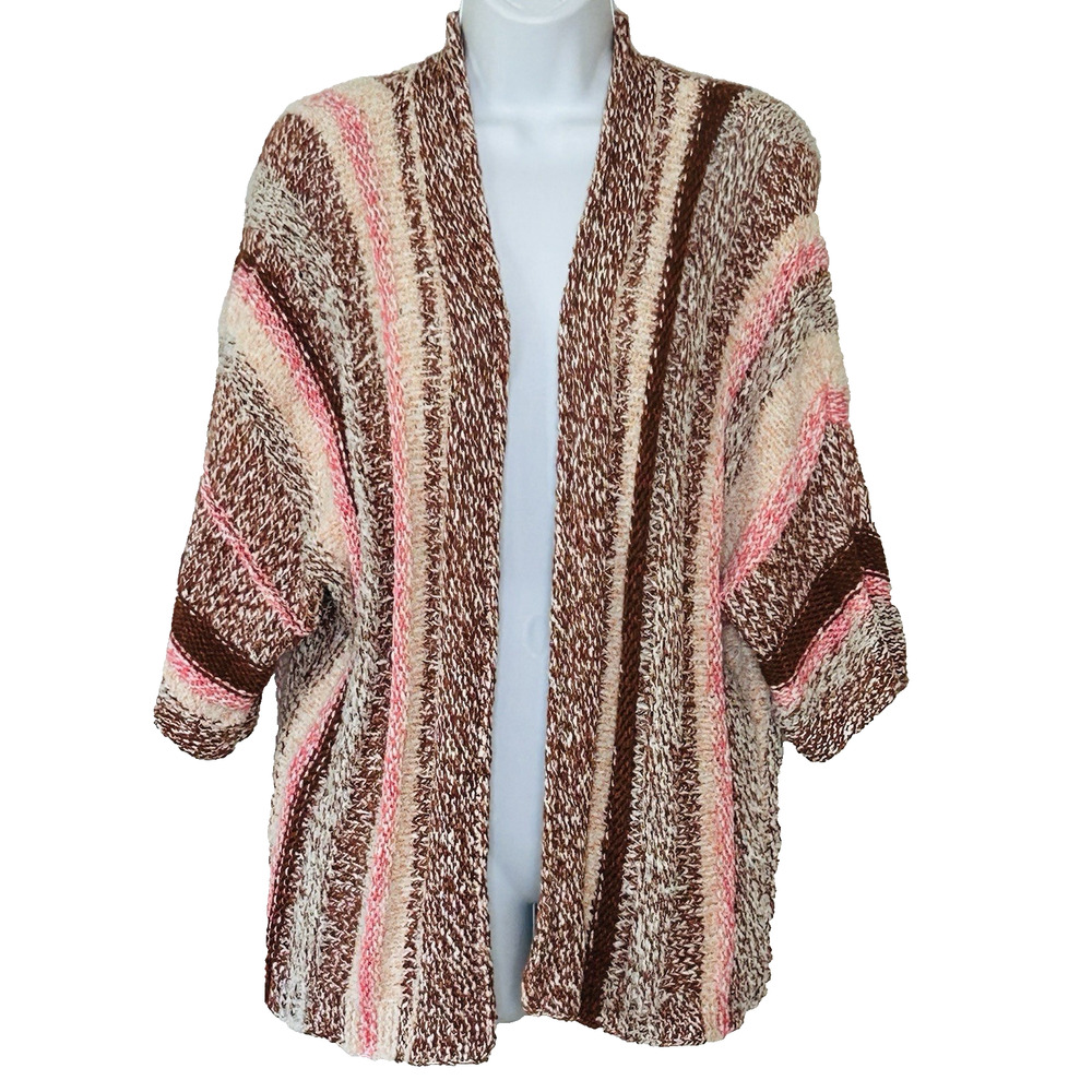 J. Jill Chunky Knit Cardigan Size MP Striped Boho Open Sweater Cozy NWT